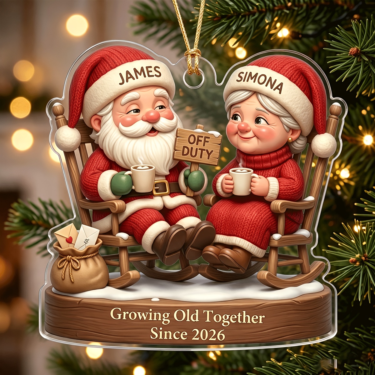 TEMU 2d Flat, 2d Flat Personalized 'growing Old ' Couple Christmas Decoration, Custom Name And Year, 2d Flat Acrylic Ornament Of Santa Couple Sitting