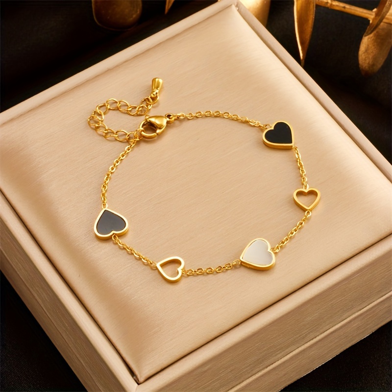 

Elegant Heart Bracelet With Shell Inlay - Stainless Steel, No Plating, Versatile Daily Wear Chain, Perfect For Gift-giving - Timeless Fashion Accessory For Any Season