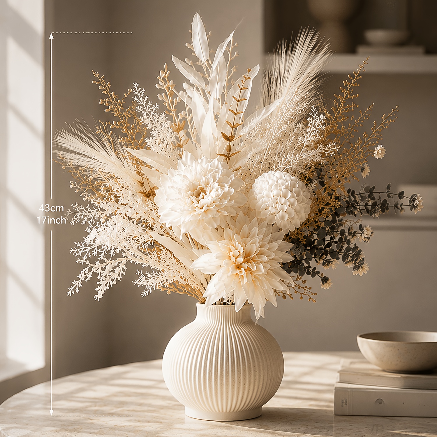 TEMU 1 Set " Luminous" Cream White Artificial Floral Arrangement, Featuring Full White Multi-petaled Flowers And Spherical Flowers As Main , With