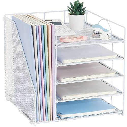 Robuster Metall-Schreibtisch-Organizer – 5-Etagen-Ablage mit offenen Fächern, platzsparendes Design für Home Office, Bürobedarf & Dokumente – Montagefrei, stabiler Schreibtischorganisator (Weiß), minimalistisches Design, langlebige Konstruktion, ideal für Kleinunternehmer und Heimorganisation