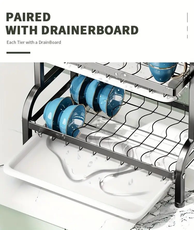 dish drying rack 2 tier large dish drying rack for kitchen counter with dish drainer for dish knifes cup cutting board black Product details 2