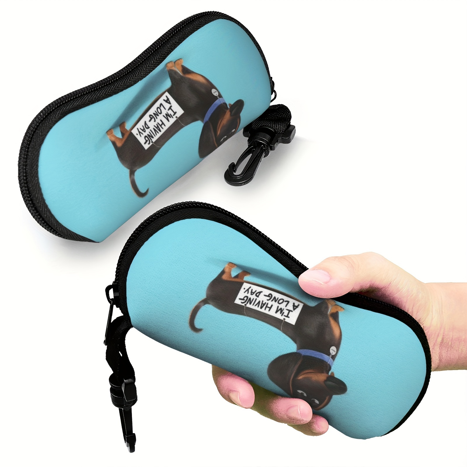 1pc portable glasses cases dachshund funny puppy pattern glasses case cartoon print with keychain soft neoprene zipper details 6