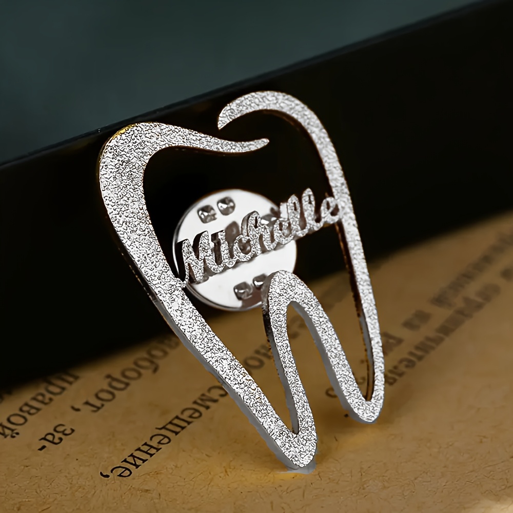 Image of Custom Frosted Name Brooch, Personalized Dentist Name Pin, Minimalist Cute Dental Nameplate Brooch In Stainless Steel, Dental Nurse Doctor Brooch, Trendy Jewelry For Women And Men