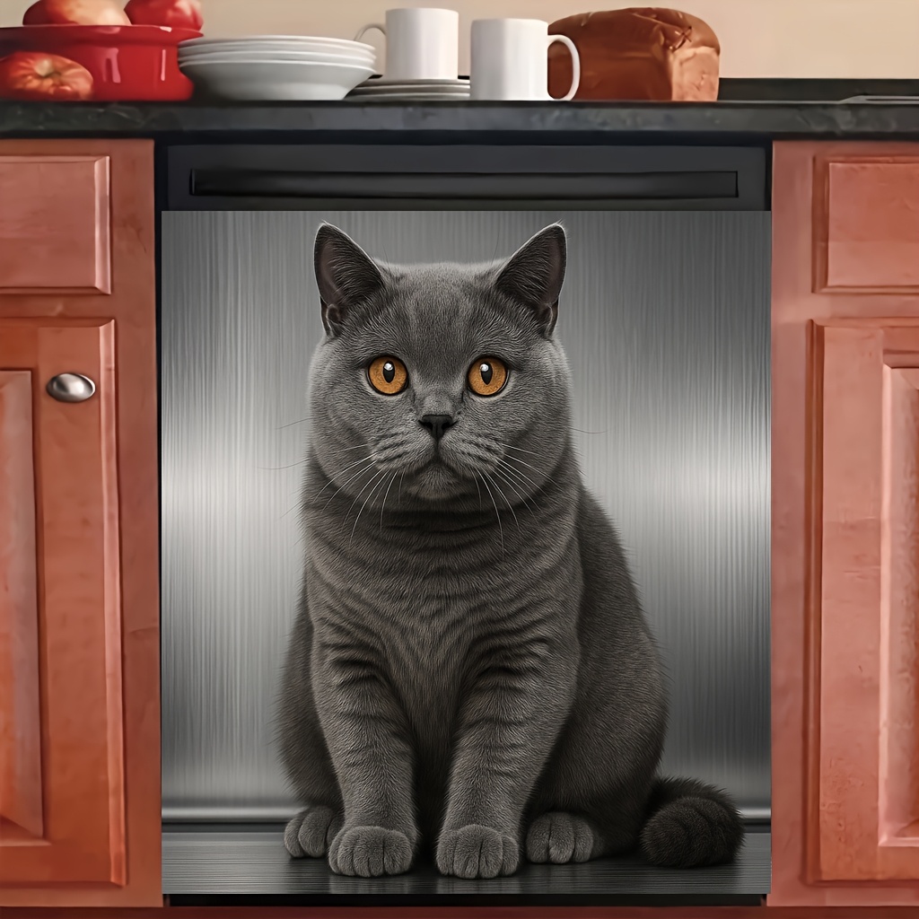 TEMU 2d Flat, 1pc Magnetic Dishwasher Door Cover With Gray Cat Art Print - Easy Clean, Reusable Vinyl Decal, Scratch-resistant, Fits Dishwasher &