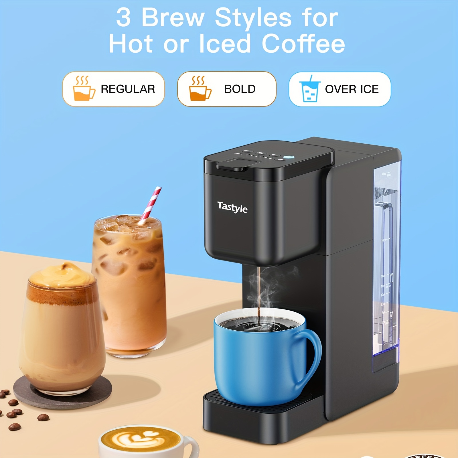 

Tastyle Single Serve Coffee Maker For K Cup & Ground Coffee, Hot And Iced Coffee Brewer With Removable 40 Oz. Water Reservoir, 6 To 24 Oz. Brew Sizes, Includes Bold & Settings, Black
