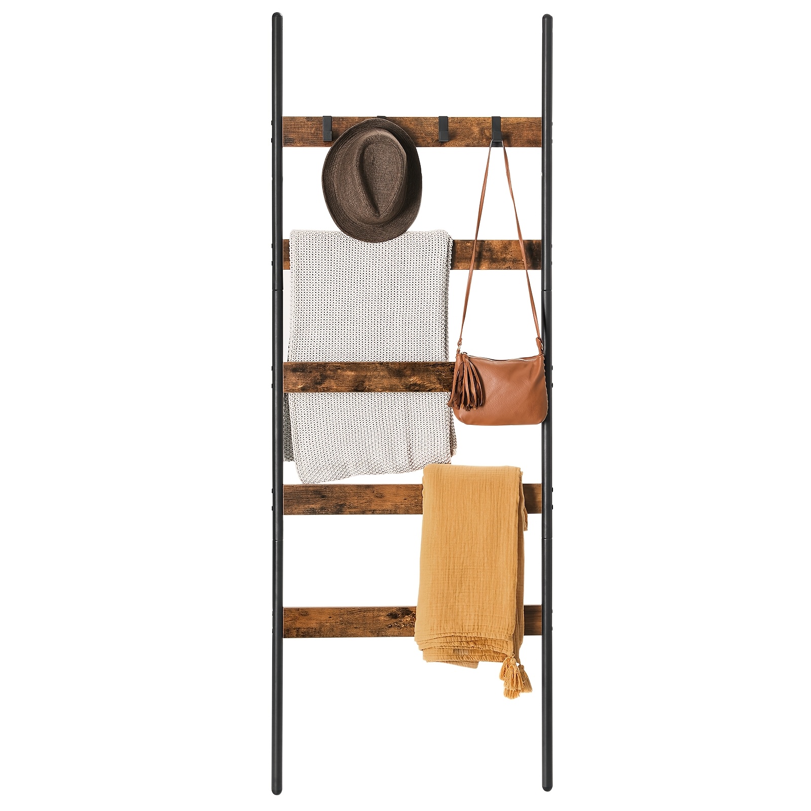 Wall- Towel Rack, Space- Blanket Ladder With Hooks, 65 X 5 X 178cm, Rustic Brown, Towel Racks