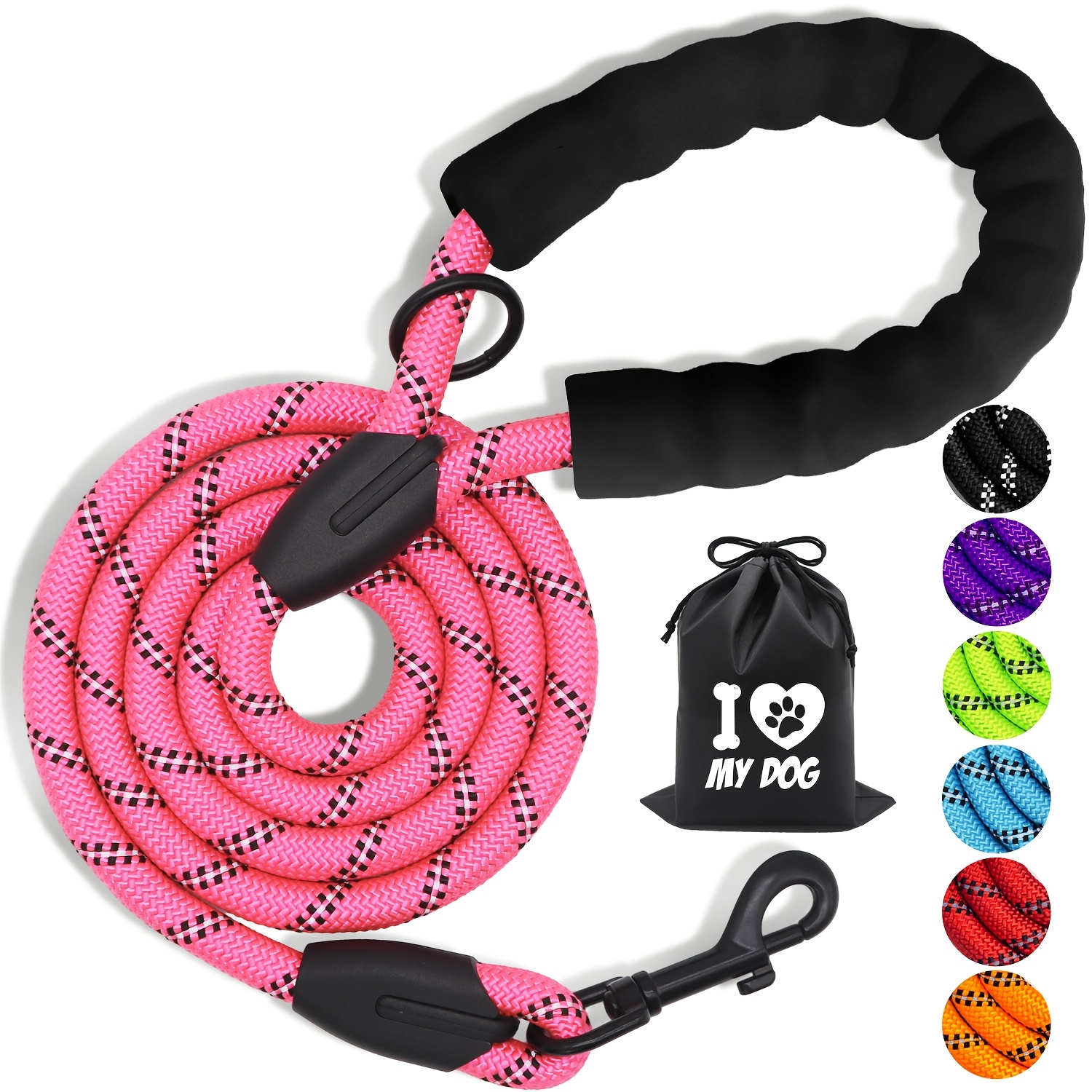 

4ft Reflective Dog Leash With Handle - Polyester Rope, Night Safety , Ideal For Medium To Large Breeds, Includes "i ♥ My Dog" Baseball Pouch, Retractable Dog Leash