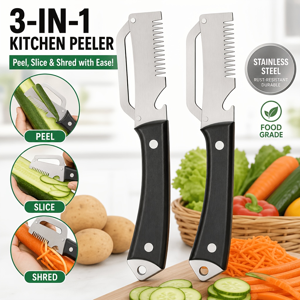 TEMU 2pcs Newly Upgraded Stainless Steel Kitchen Peelers, Multi- And Vegetable Peeling Knife With Bottle Opener, Fish Scale Scraper, And Slicing