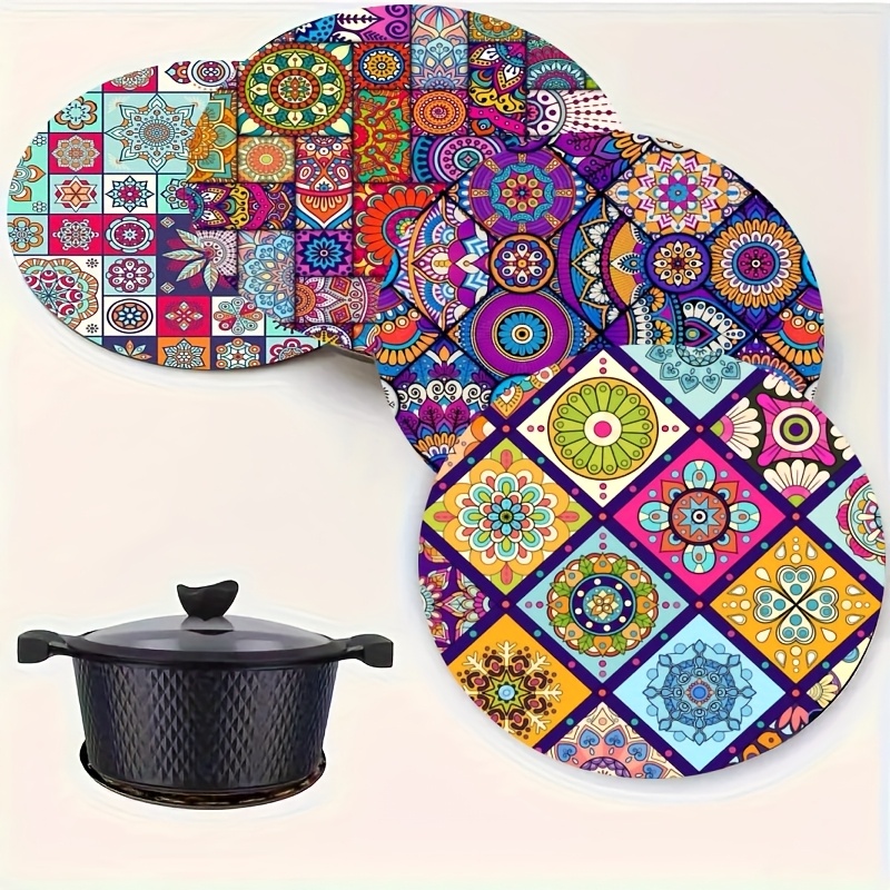 TEMU 4pcs Set Of -resistant Placemats - 15cm Round, Bohemian-style Pattern Design, Non-slip And Heat-resistant, Durable Material, Hand Wash Only,