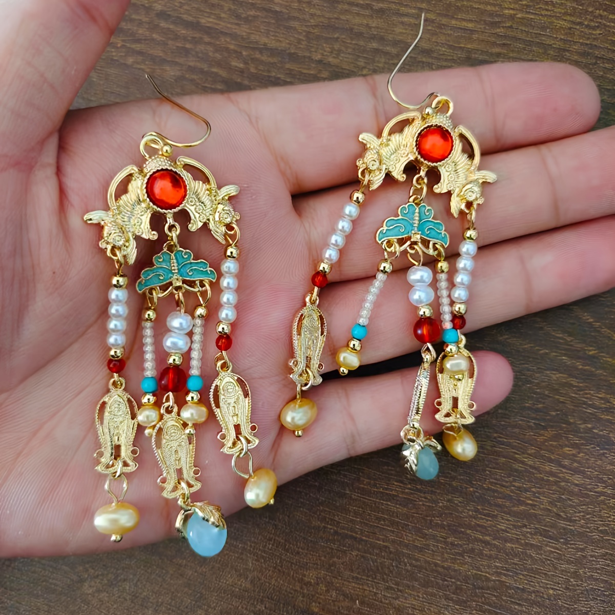 Hanfu Inspired Tassel Drop Earrings with Beads & Pearls