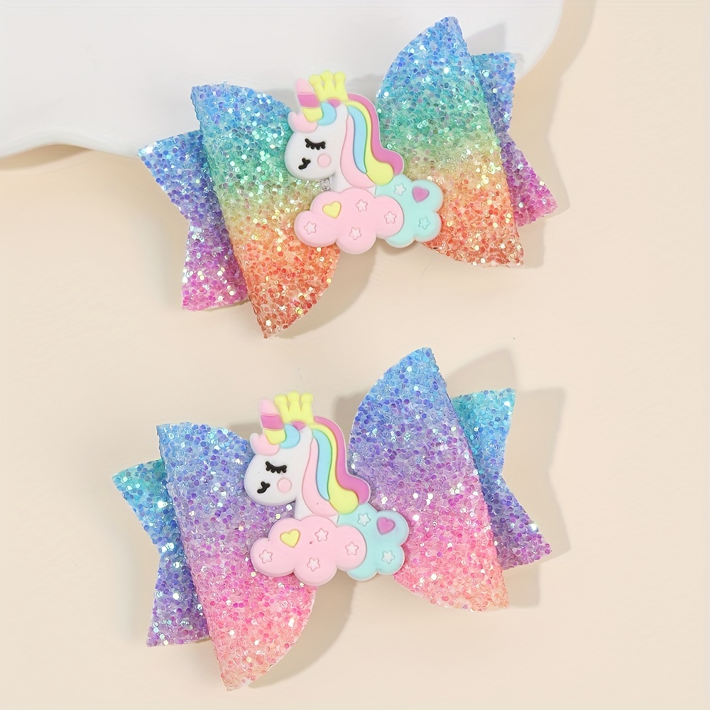 

Glitter Rainbow Unicorn Bow Hair Clips For Teens - Cute Cartoon Polyester Sequined Hair Barrettes, Daily Casual Accessories, 2 Pcs Set