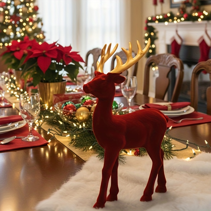 TEMU Red Flocked Holiday Atmosphere Deer Christmas Home Decor, Home Decor, Festive Seasonal Decoration, Christmas Decoration, Holiday Decoration,