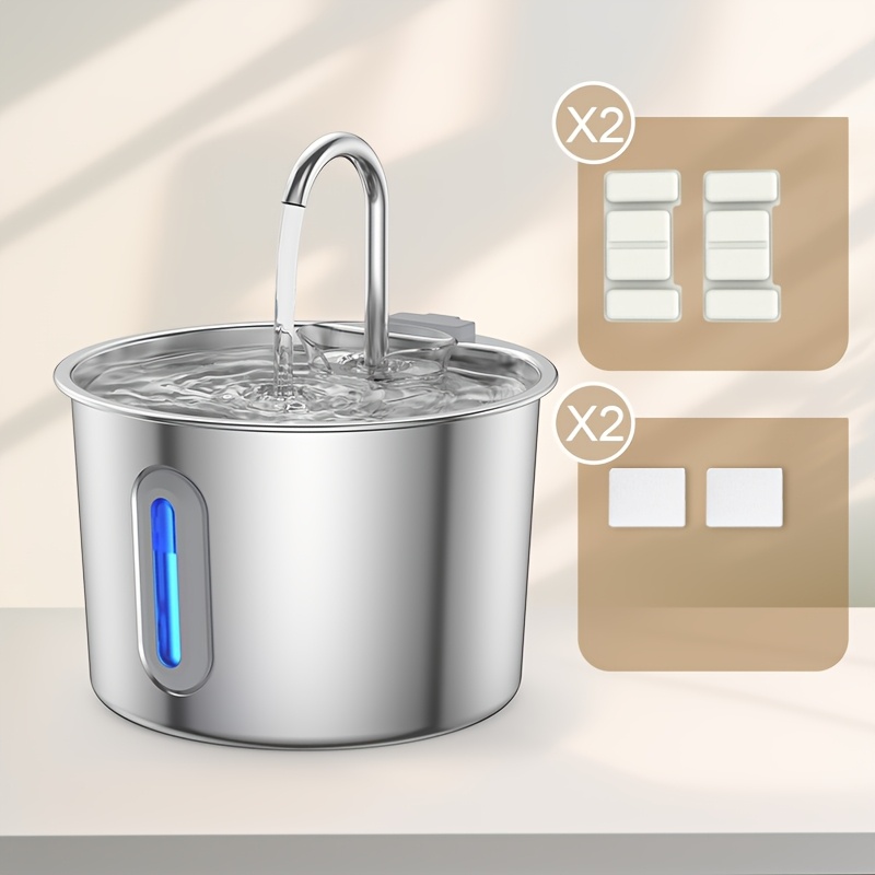 TEMU Fontaine à eau pour chat en acier inoxydable 304 - Distributeur d'eau pour animaux de compagnie d'intérieur de 74Oz/2.2L pour chats - Fontaine à