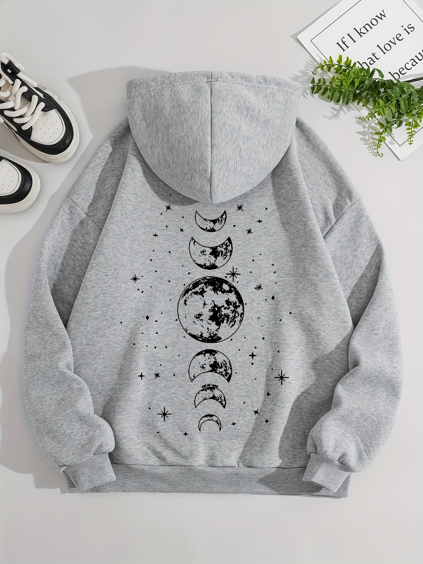 moon print hoodie drawstring casual hooded sweatshirt winter