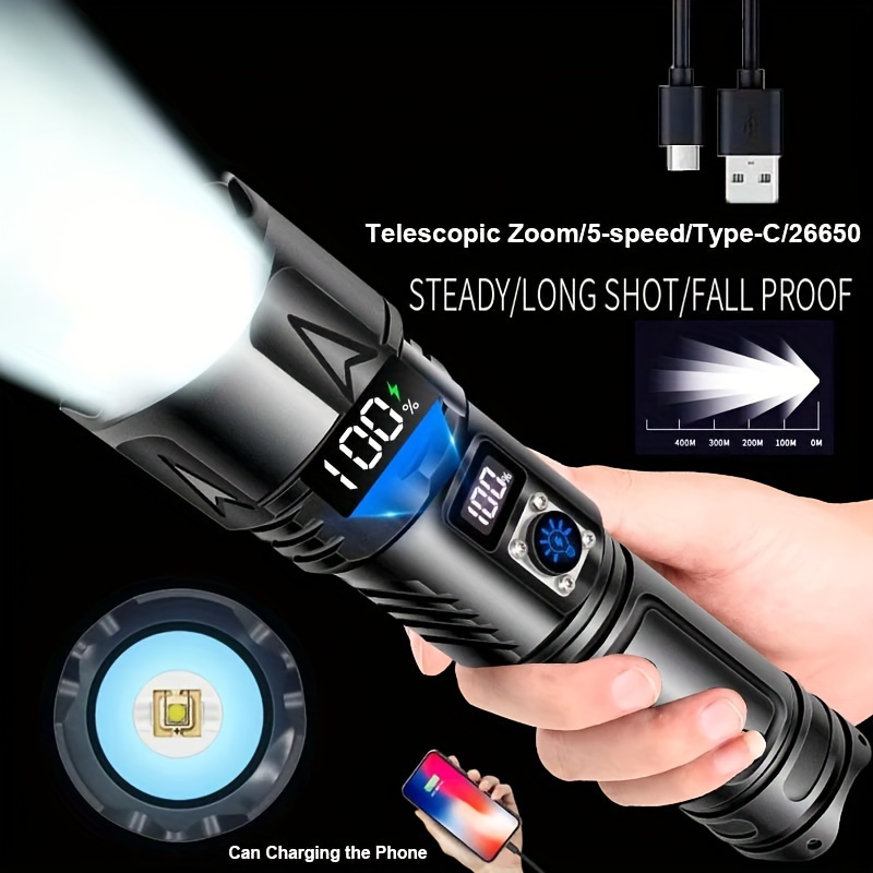 

Flashlight Rechargeable Long Beam Super Bright Led Flash Light With Power Display For Camping 5 Modes Zoomable Handheld Flashlight Charge Your Phones