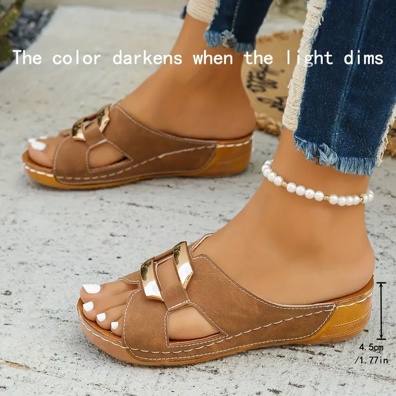 womens wide width summer sandals non slip soft sole open toe platform wedge heel thick rubber sole synthetic cover upper brown golden accents for beach casual strappy sandals beach footwear fashionable footwear durable footwear Product details 2