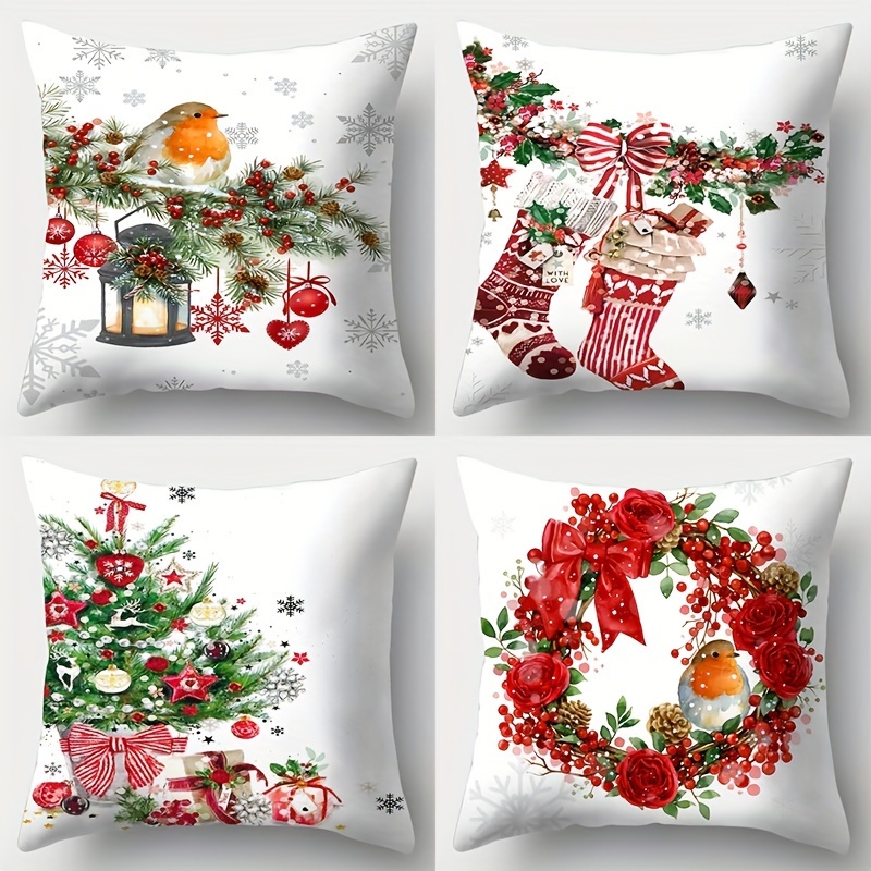 

4-piece Christmas Throw Pillow Covers Set - Festive Single-side Print, 17.7x17.7 Inches, Perfect For Sofa & Home Decor, Zip Closure, Hand Wash Only (pillow Inserts Not Included)