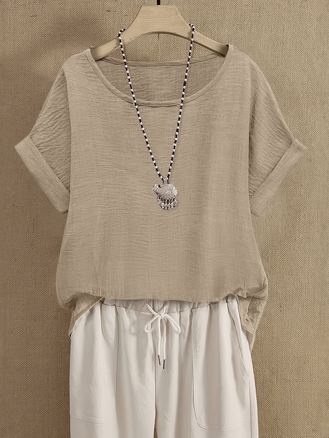 Women's Spring Summer Solid Color Round Neck Pleated Short Sleeve Blouse-Compatible T-Shirt | Casual Solid Color Basic Tee Suitable for Layering, Machine Washable Opaque Round Neck Top for Casual Attire & Warm Weather Outfits