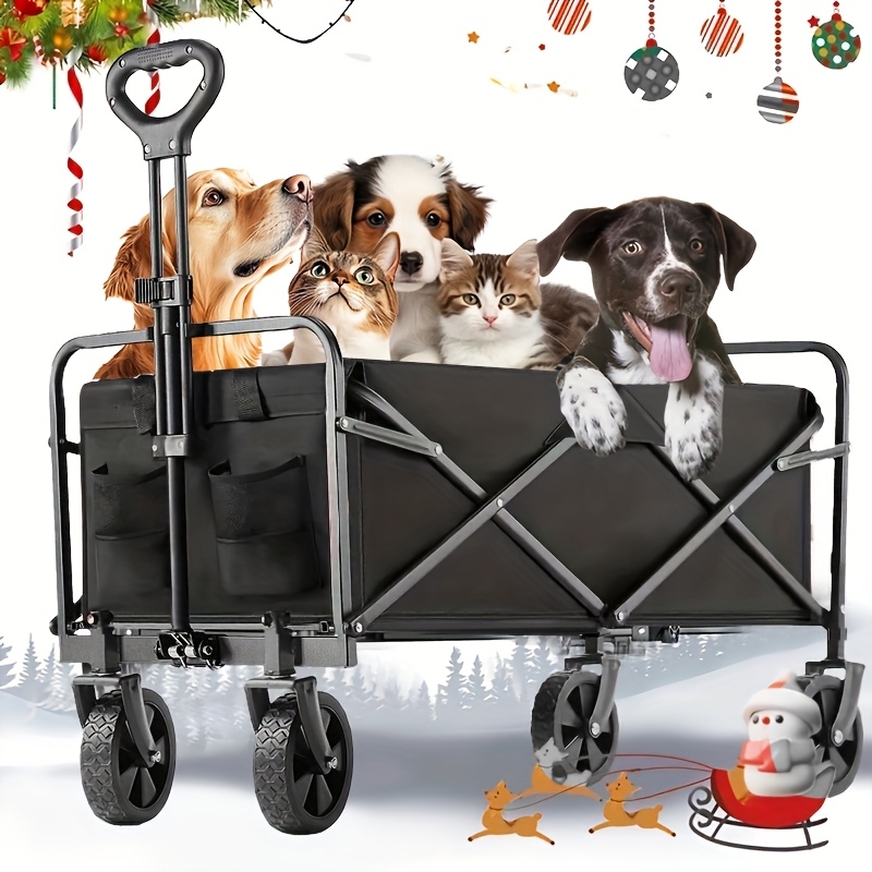 Collapsible Folding Wagon Cart, Track and Field Equipment Transporter Large Capacity Camping Wagon, All-Terrain Foldable Pet Stroller, Heavy-Duty Utility Wagon Cart for Grocery, Outdoor, Beach, Gardening, Shopping, Pet Outings, Fishing - Black