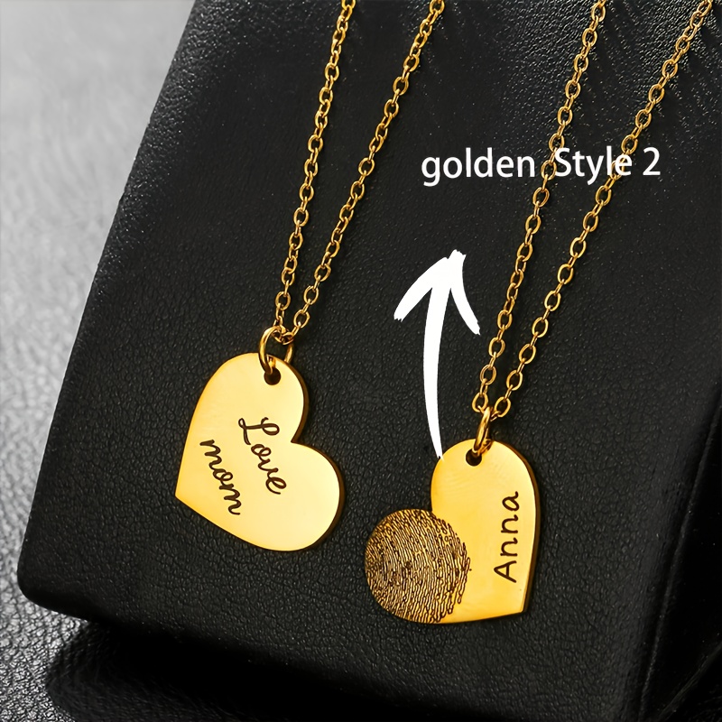 TEMU Customized Personalized Engraved Fingerprint And Name Heart-shaped Pendant Necklace, A Stylish And Elegant Jewelry Piece, Perfect As A Birthday