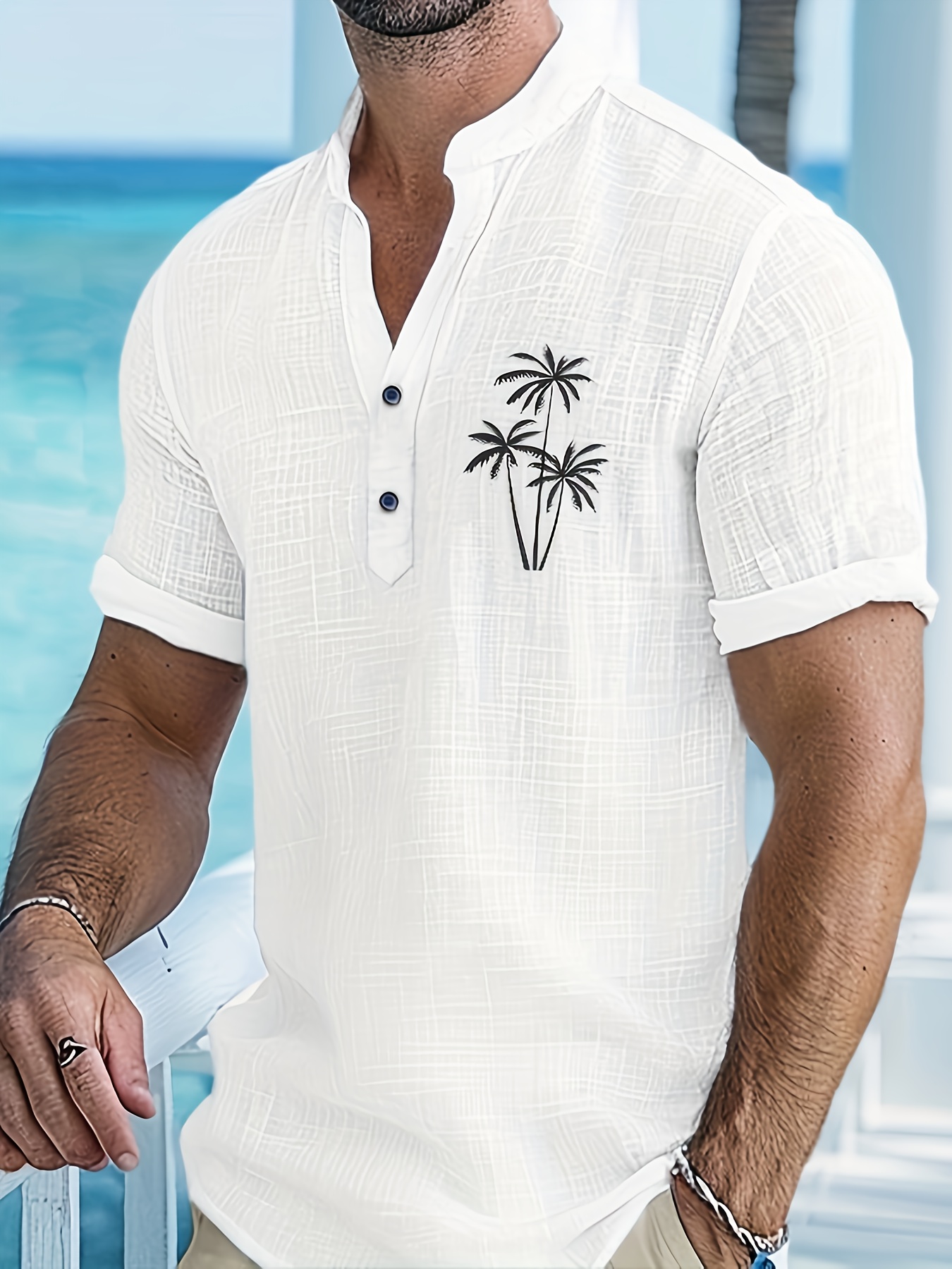 camisa casual com estampa de   tropical para homem -     e decote em v  , com   de botões, leve e confortável para o verão   e atividades ao ar livre, como caminhadas e viagens, roupa de caminhada, tecido não elástico detalhes 0