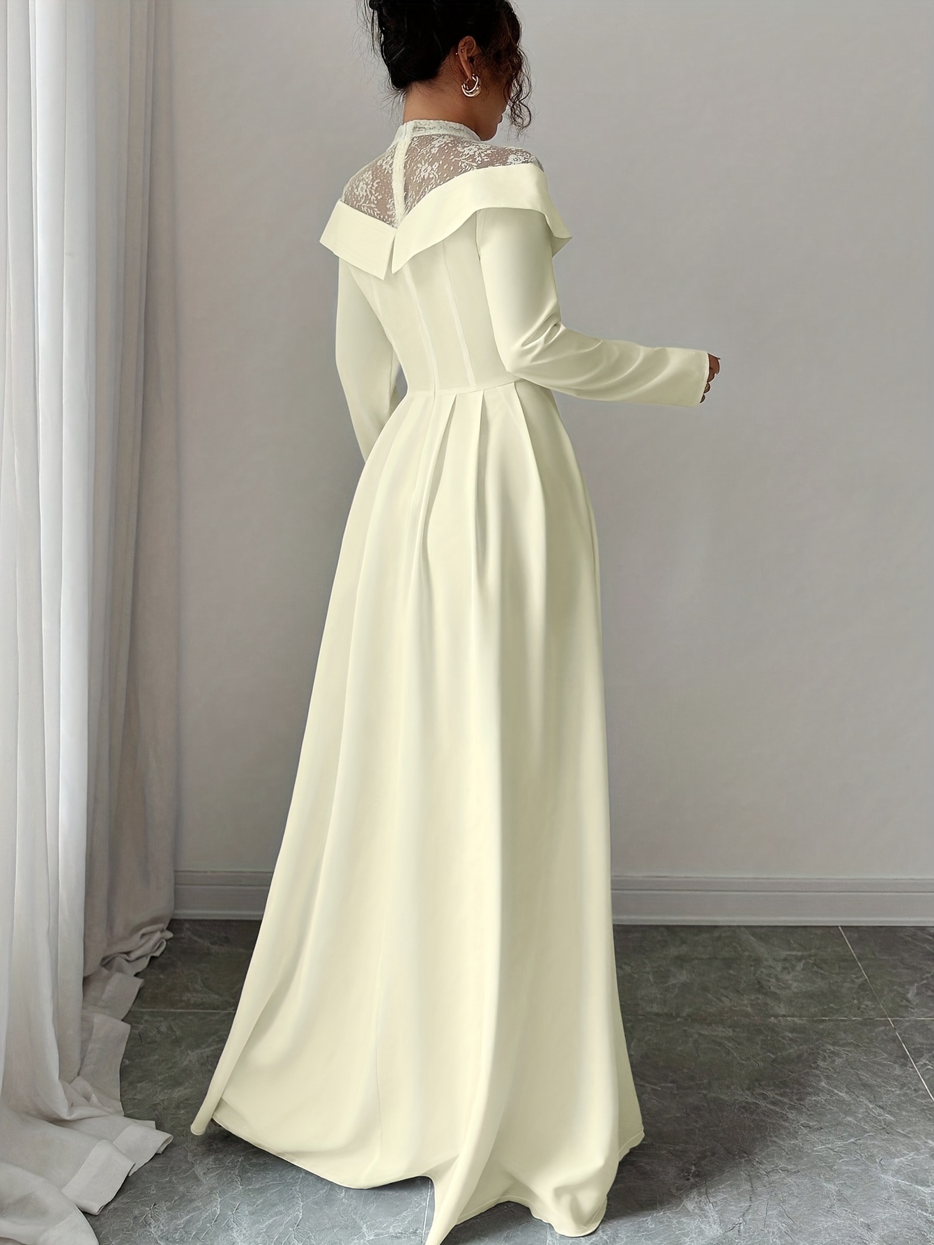 s elegant white a line maxi dress with mesh panel lace like sheer back long sleeve length wedding guest gown round neck formal evening dress machine washable no stretch Product details 9