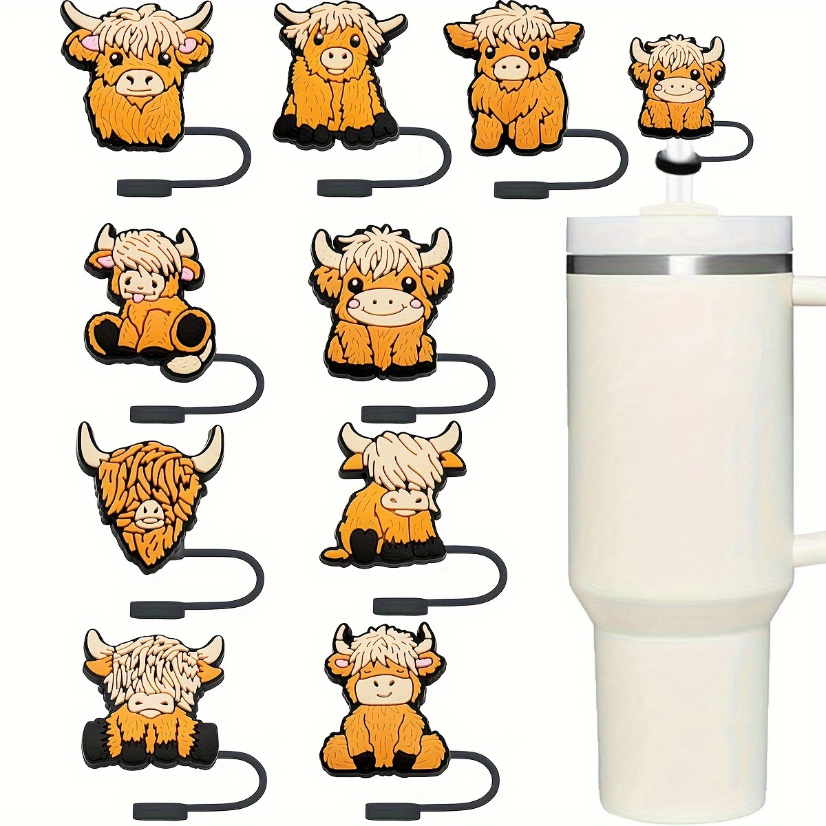 

9pcs Cute Highland Cow Straw Toppers - 10mm Reusable Dustproof Covers For 30 & 40oz Tumblers, Pvc, Drinking Straw Tips,