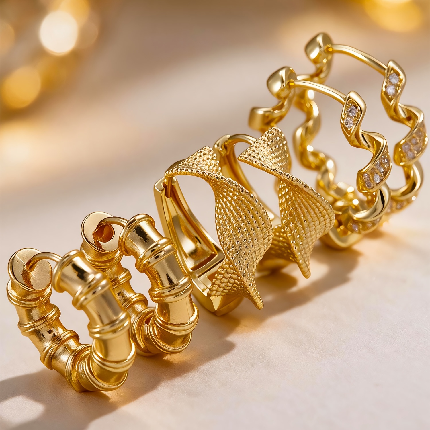 TEMU 6pcs Set Of Stylish, Minimalist Golden Hoop Earrings Featuring A Twisted Clover Design And A Hinged Clasp; Suitable For Casual Attire And An