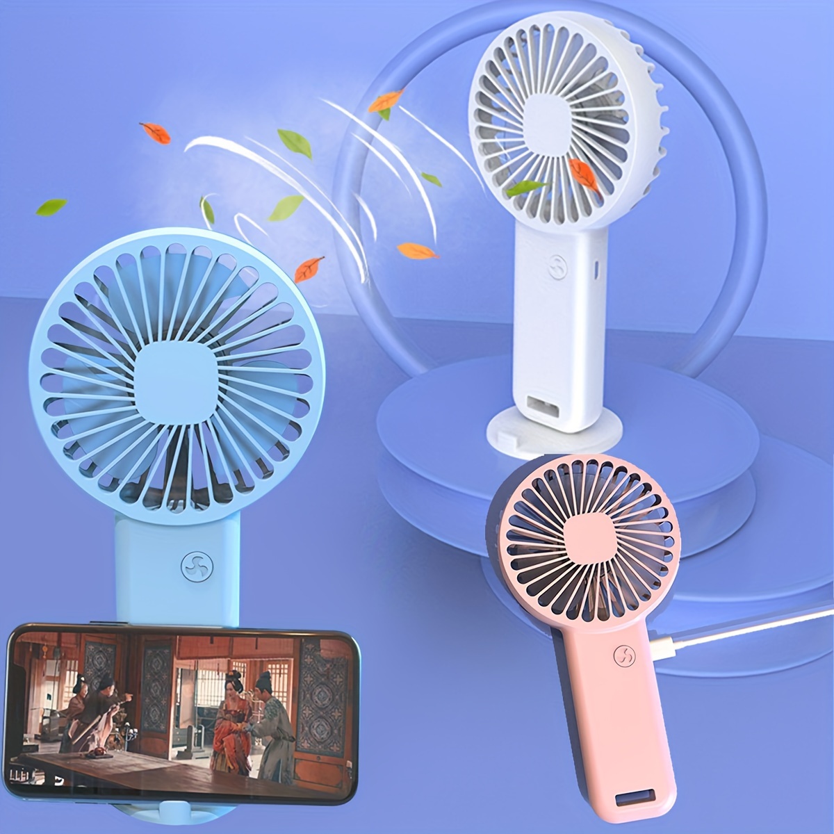 

Portable Usb Charging Fan, Mini Fan With 3 Speed Settings And Phone Holder, Ideal For Desk And Watching Videos