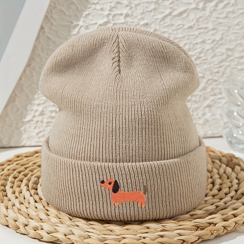 Image of Women's Cartoon Dachshund Embroidered Beanie, Unisex Pullover Hat For Autumn And Winter, Warm Outdoor Skull Cap For Cycling And Skiing, Casual Candy-colored Multicolor Hat