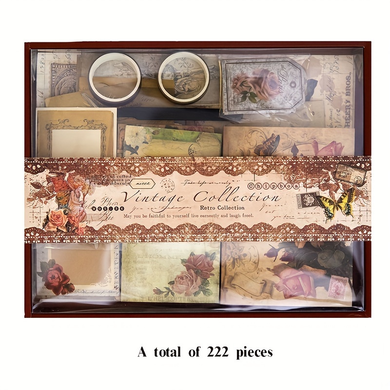 Una que contiene 222 piezas de materiales para álbumes de recortes, con un tema de retro en en el jardín. pegatinas, notas y varios materiales de papel, para junk journaling y como regalos para de .