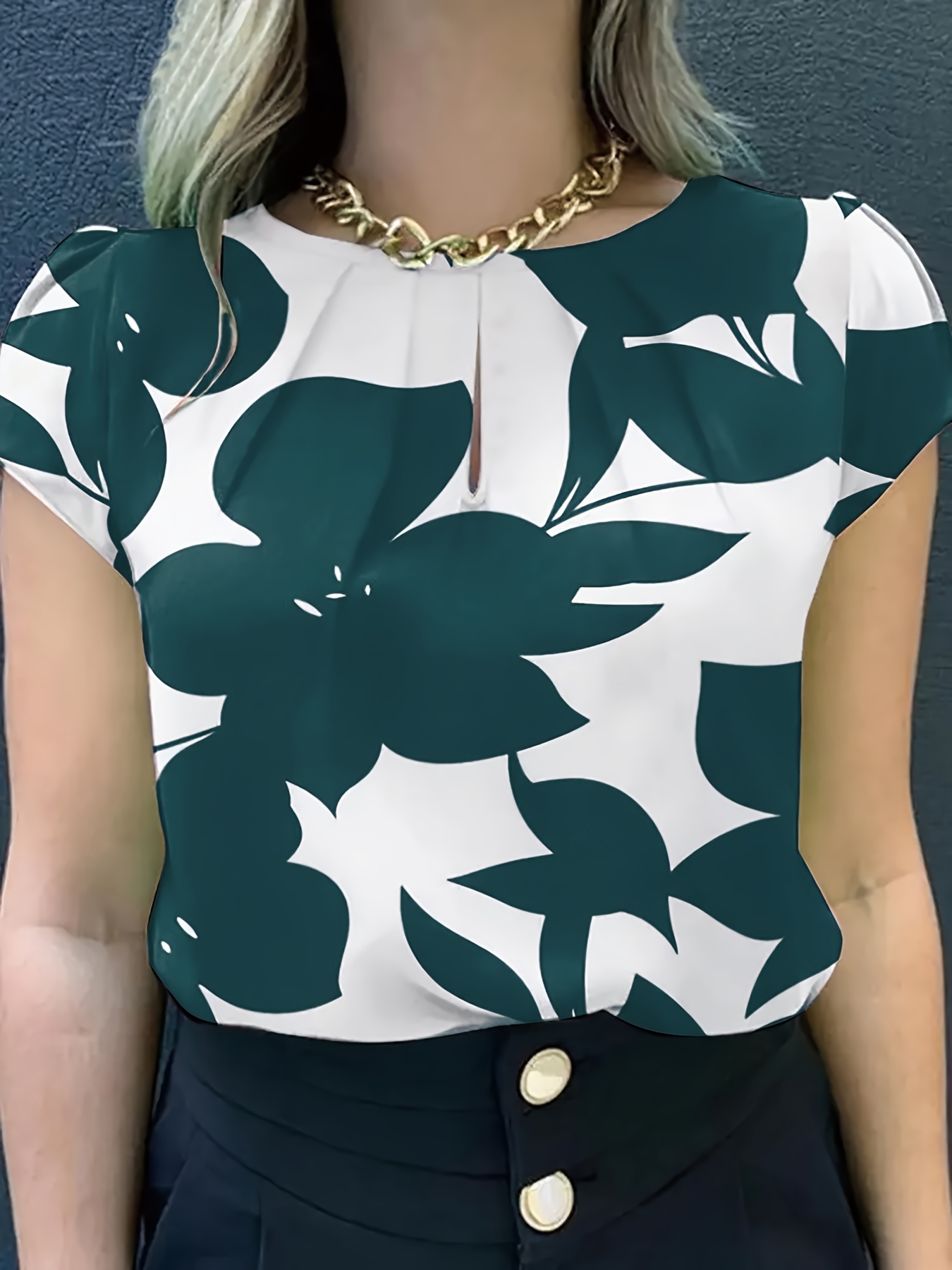 Women's Elegant Casual Short Sleeve Blouse - Black & White Abstract Leaf Print, Loose Fit Round Neck, Chest Ruching, Semi-Sheer Summer Top, Machine Washable, Everyday Sophisticated Wear, Delicate Fabric Shirt, Fitted Waist Accentuate Figure