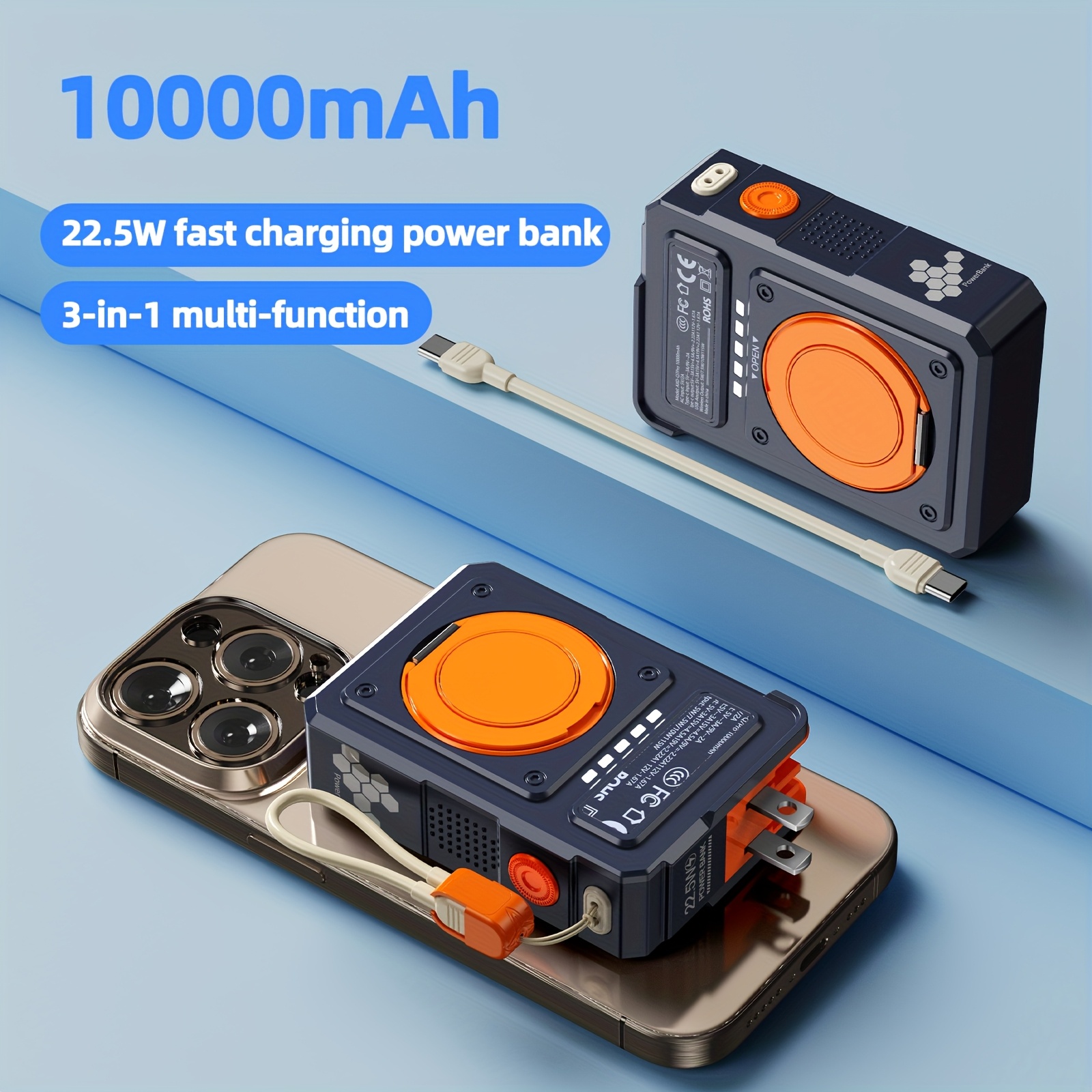 TEMU Mobile Power Bank, 10000mah Battery Pack, 22.5w Fast Charging Charger, Built-in Ac Plug, Built-in Pd Fast Charging Cable, 15w Magnetic Wireless