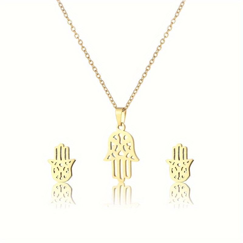 Couples Stainless Steel Palm Necklace Earring Set