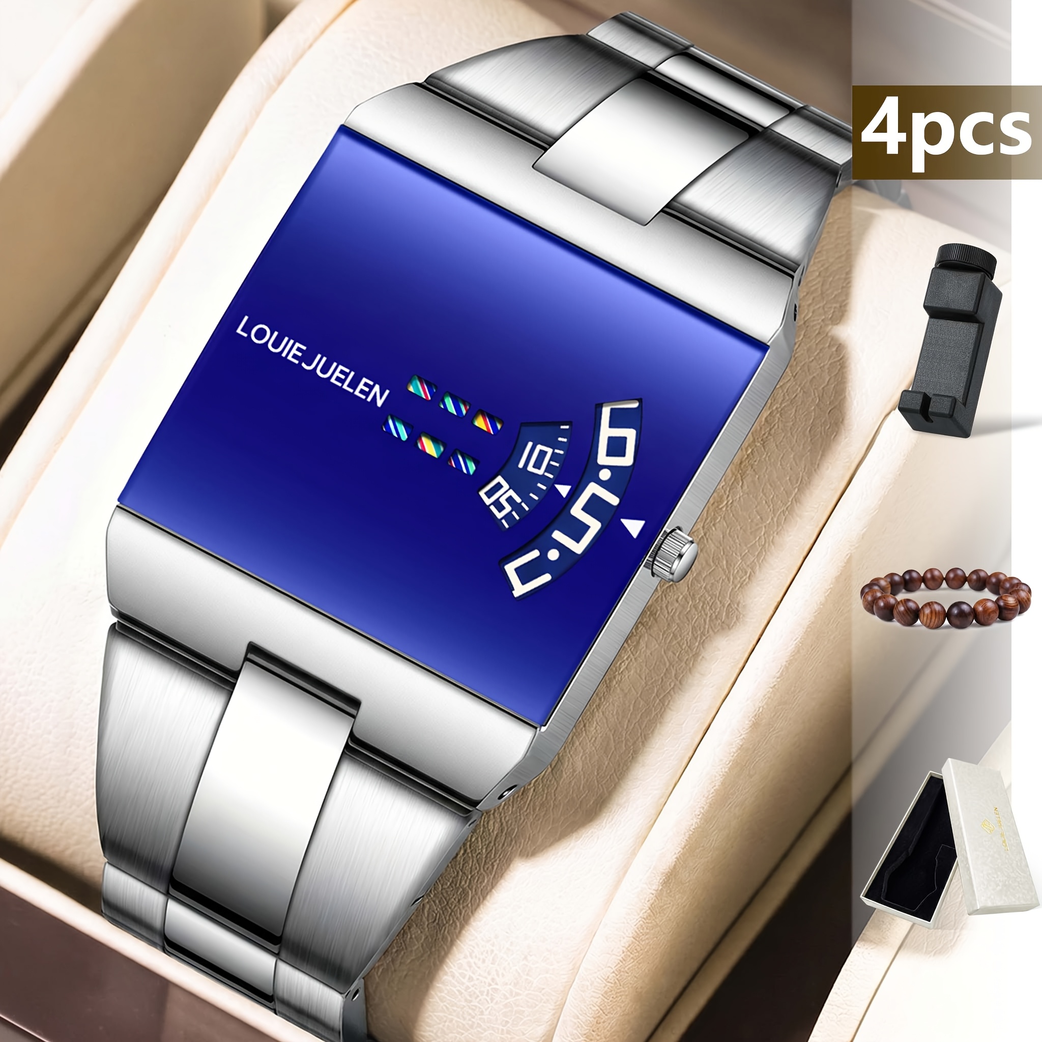 Image of 4pcs Brand 's Watch. Square Dial Design, Display, Made Of Stainless Steel, A Reliable And Watch For Men, For Gifting, Without Battery