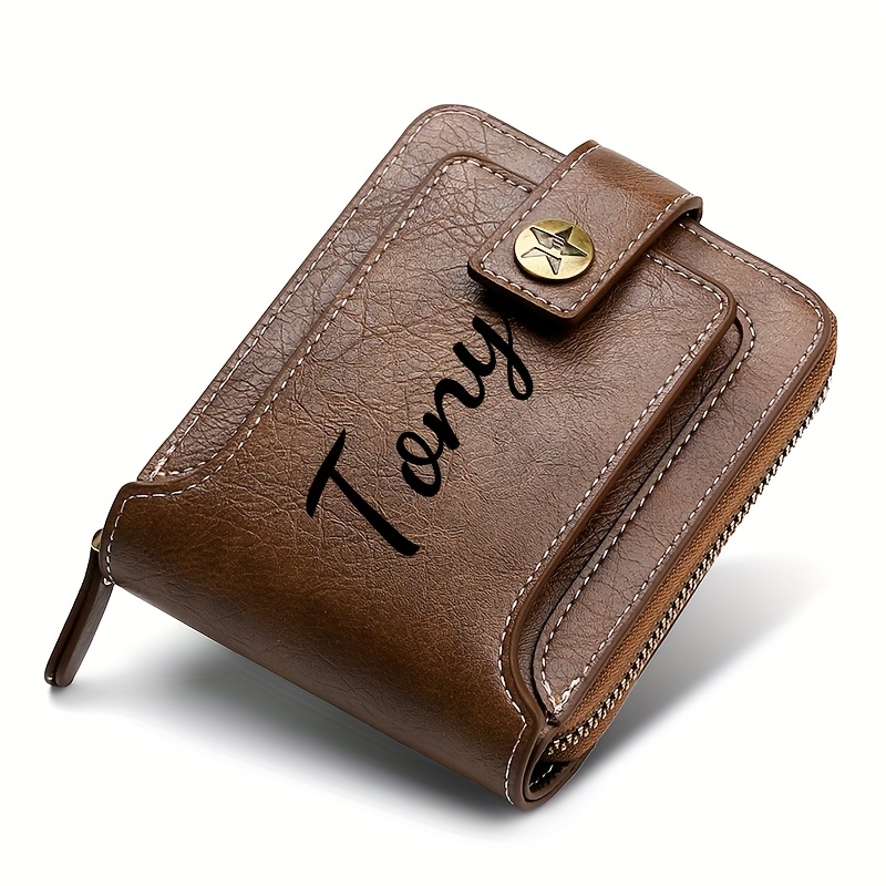 Image of 1 Customized Men's Name Wallet Gift - Men's Fashionable Wallet, Brown, With Tree Pattern, Snap Closure, Zipper Credit And , Elegantly Designed For Father's Day, Perfect For Men Or Special Occasions