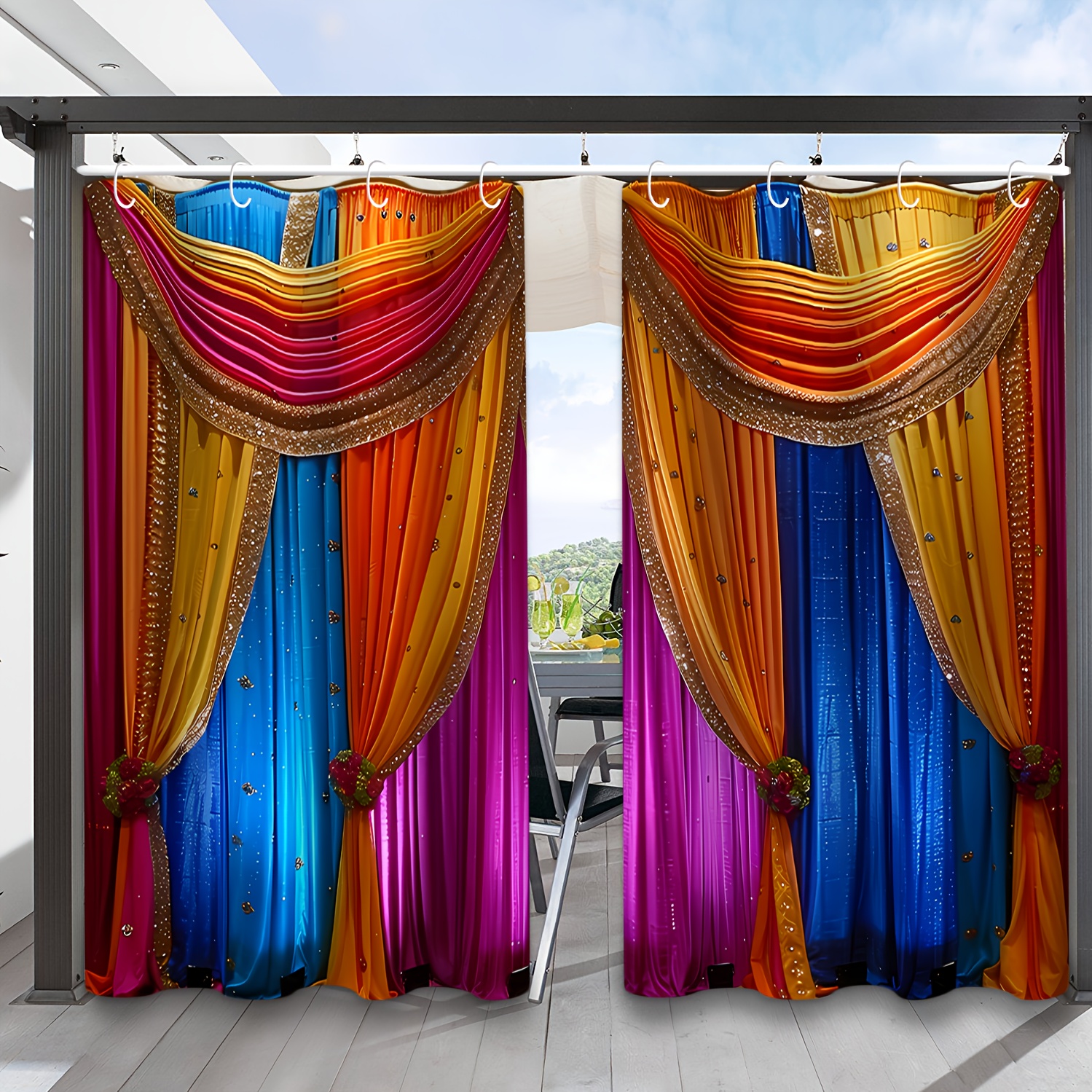 

Vintage-inspired Waterproof Outdoor Curtains With Colorful European Patterns - Semi-transparent, Sun-protective Garden Drapes For Patio, Porch & Yard Decor