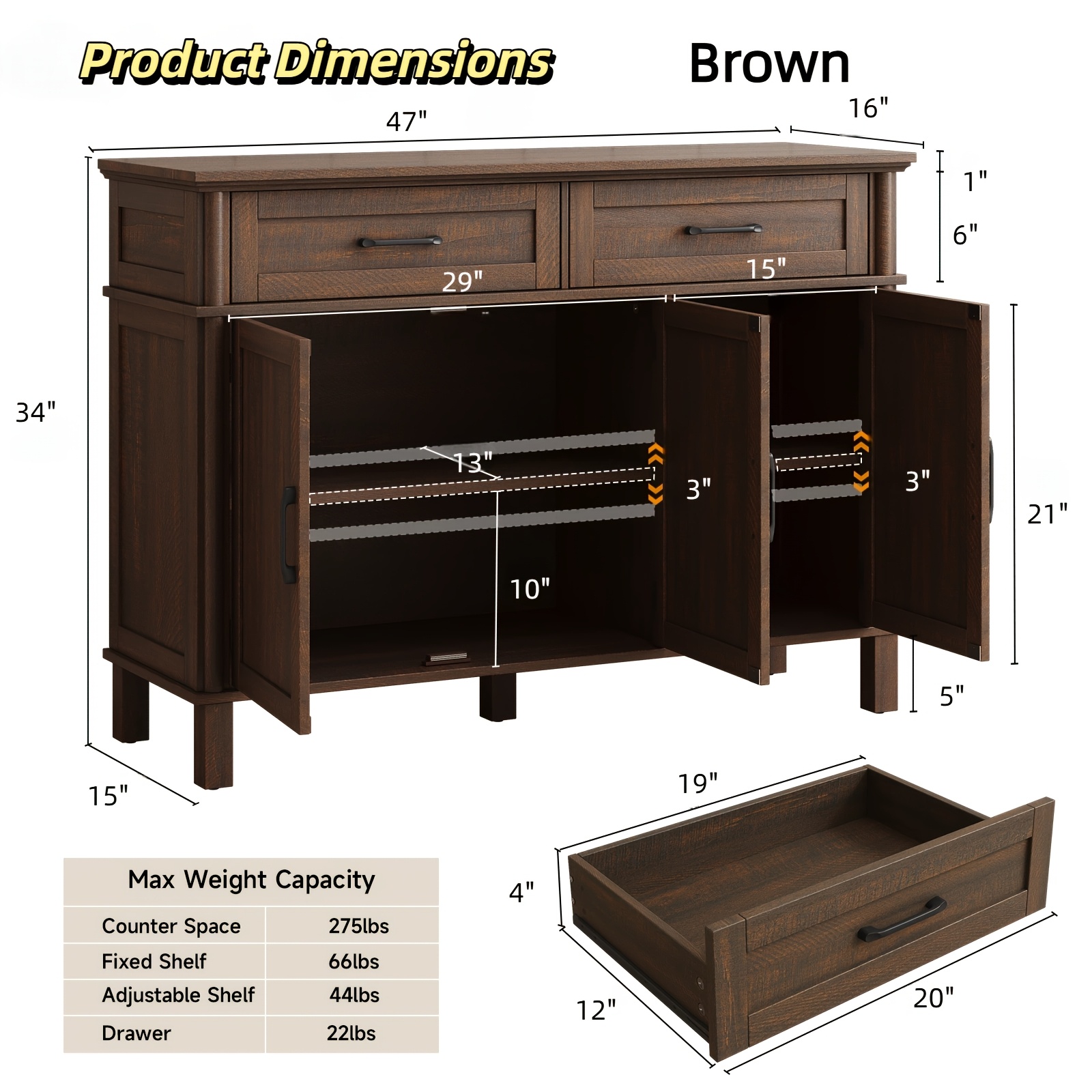 Farmhouse 48 Inch Buffet Cabinet with Storage, 48 Inch Sideboard with 2 Drawers And 3 Doors - Wood Coffee Bar Cabinet with Adjustable Shelves for Kitchen, Dining Room, Living Room