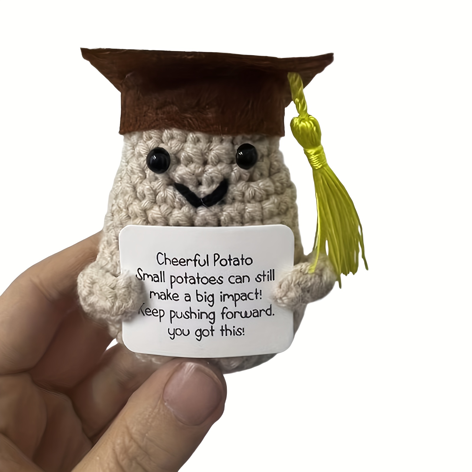 

Handmade Crochet Inspirational Potato With Positive Card, Cute Emotional Support Pickle Positive Dolls Wool Handwoven Ornaments Crochet Gifts For Woman Coworkers Friend Family Car Home Office
