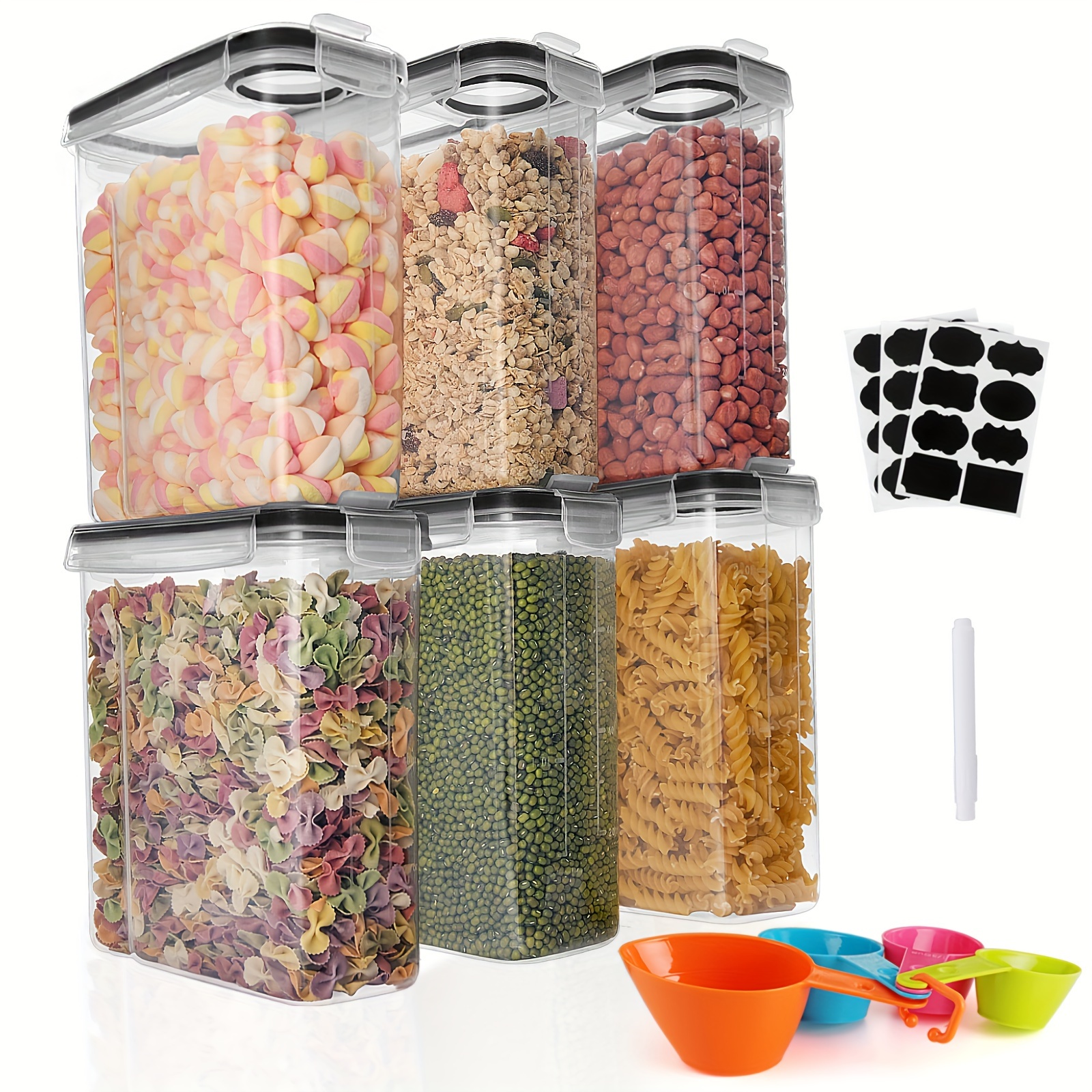 

6pcs 2.5l Airtight Food Storage Containers With Lids For Kitchen Pantry Organization And Storage, Bpa Free, Plastic Canister Set For Cereal, Pasta, Flour & Sugar - Spoon Set, Labels & Marker