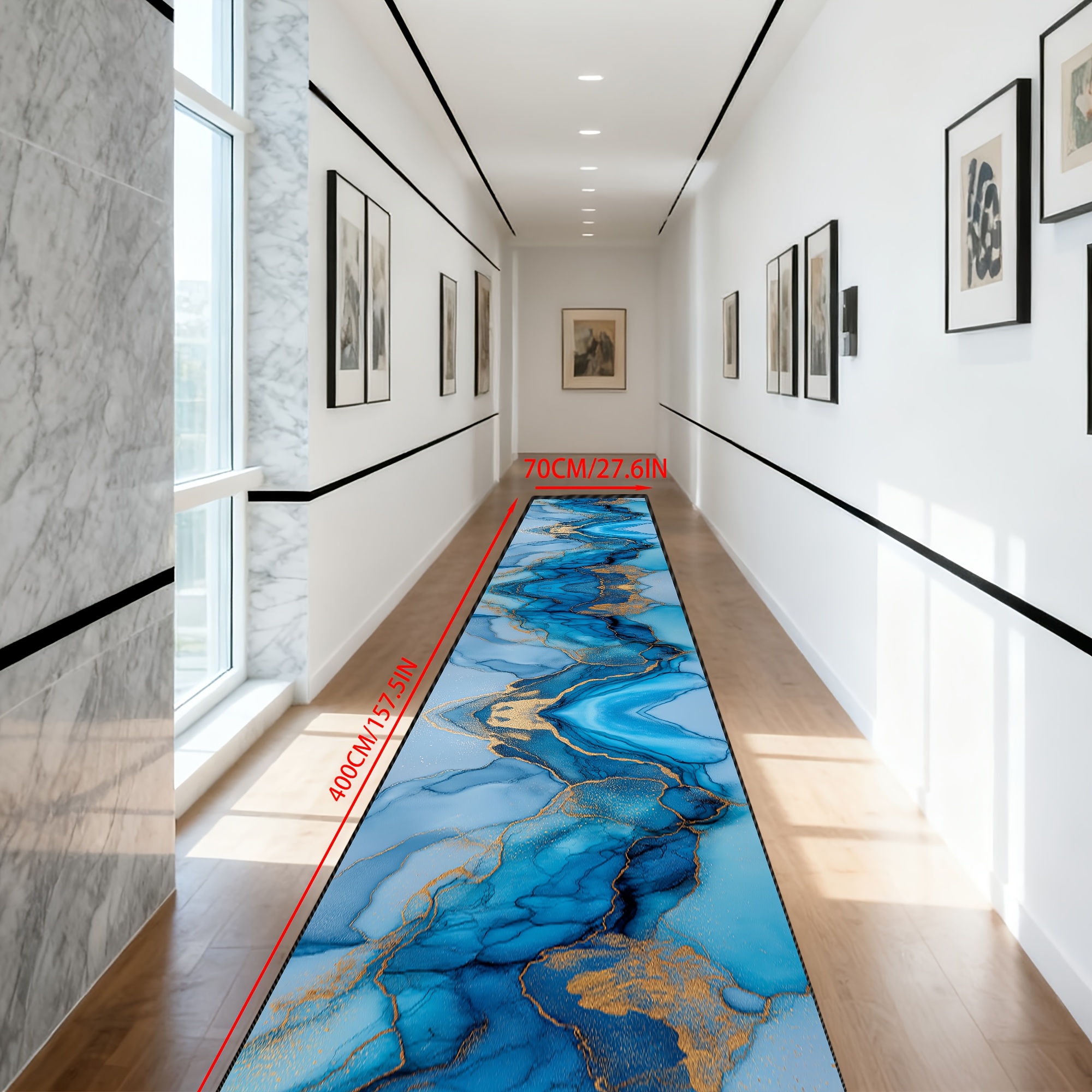 TEMU []1pc Of Spring Runner With A Delicate Water Wave Pattern In Blue And Golden, Stylish And Elegant, High-end Light Luxury Long Rectangular Carpet