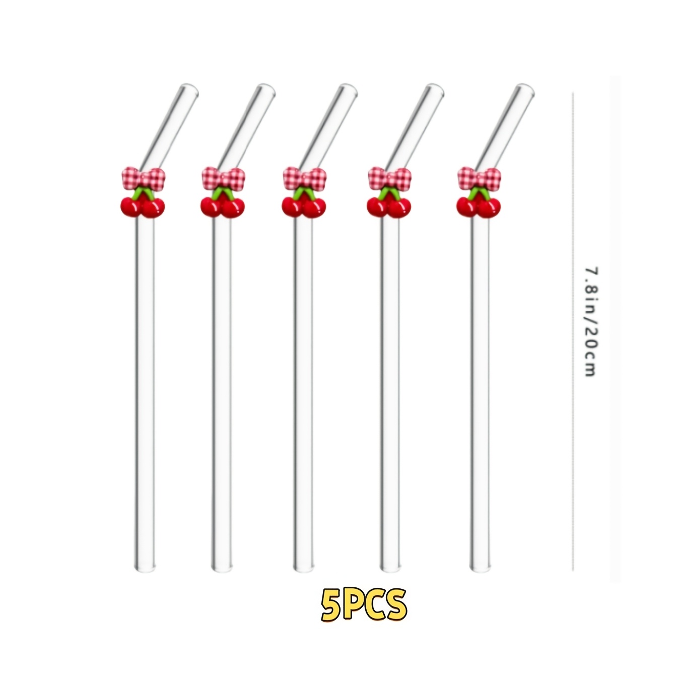 TEMU 5pcs Reusable Curved Drinking Tubes With Plaid Bow & Cherry Decor - Clear Suitable For , Juice, Sparkling Drinks, Dessert Shops, Parties,