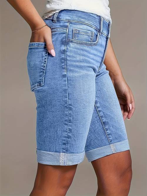 womens 2026 summer new stretchy high waisted tummy control denim shorts light blue washed with pockets fit casual shorts comfortable spring summer ladies jeans pants for travel and work boyfriend style shorts