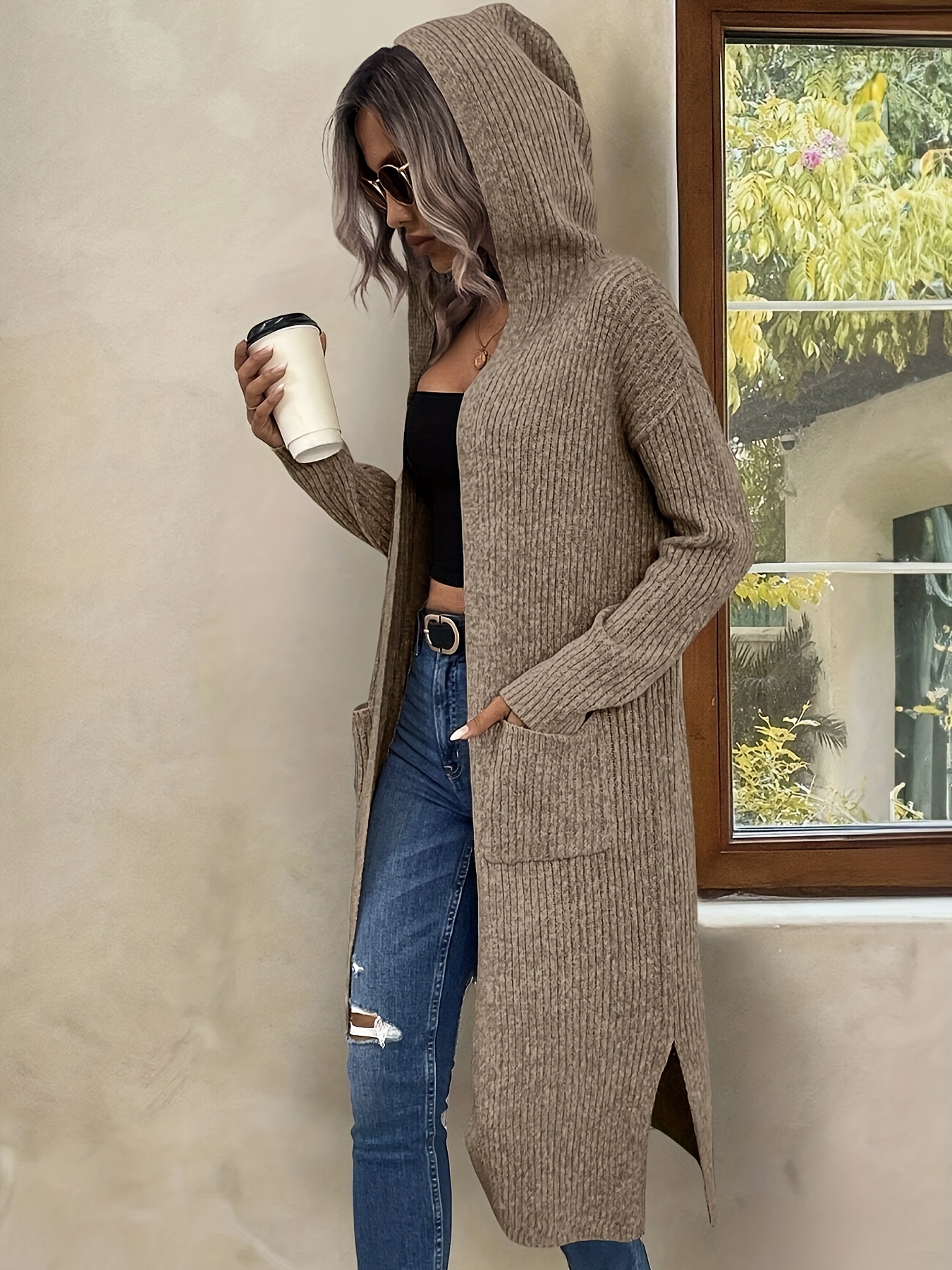 Chaqueta de punto con aberturas en el dobladillo, cárdigan casual de  larga con capucha y bolsillos para otoño e invierno, ropa de mujer