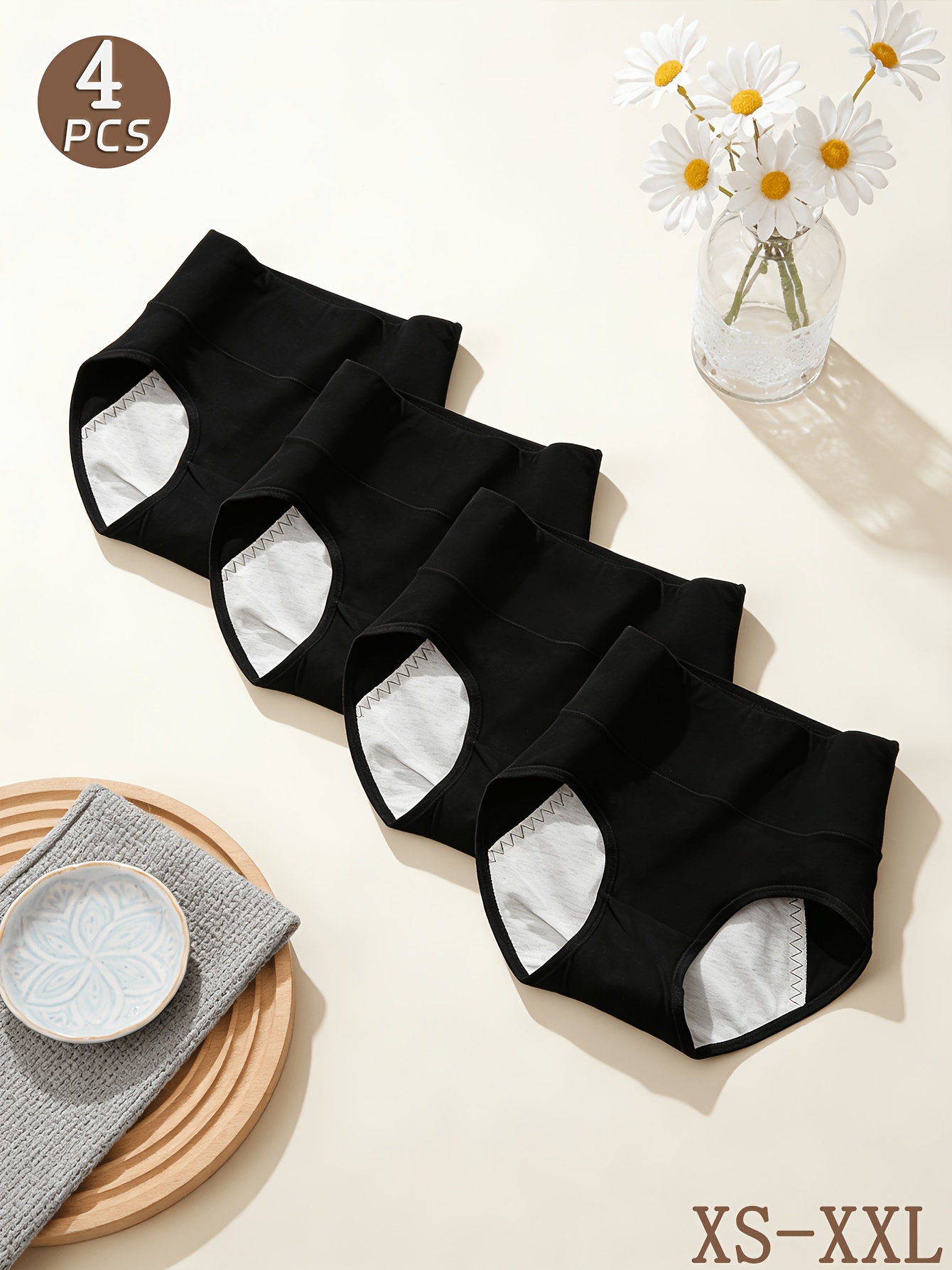 4-Pack Black High-Waist Women's Period Panties, Tummy Control, Butt Lifting, Anti-Leakage, No Crotch Riding or Waist Tightness, Suitable for Home and Commuting During Menstruation