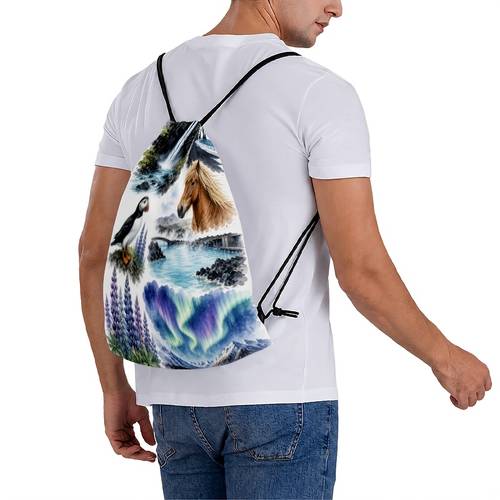 icelandic scenery hand drawn collage waterfall horse aurora drawstring pouch for gym court training travel cycling yoga travel storage daily camping drawstring closure design lightweight sports bag machine washable