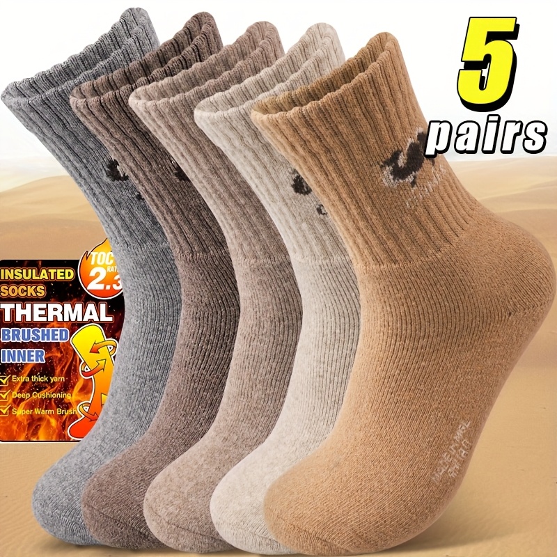 

5 Pairs Of Men's Wool Socks Autumn And Winter Thickened Socks Camel Pattern Men's Mid-tube Socks Plus Velvet Warm Terry Socks Suitable For Outdoor Hiking And Mountaineering For Men's And Dads Gifts