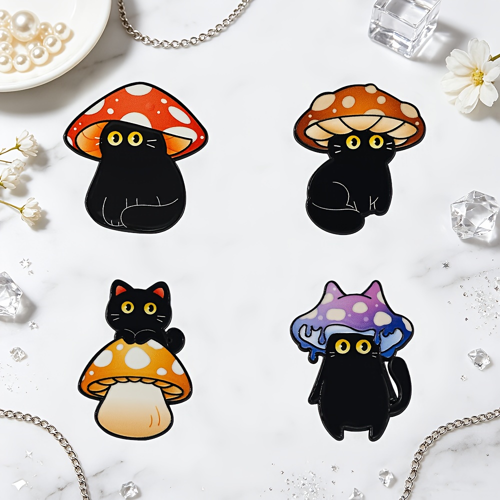 TEMU 4pcs Cute Black Cat Mushroom Enamel Pin Set, Kawaii Cartoon Animal Badge, Fashion Accessory For Backpacks, Jackets And Hats