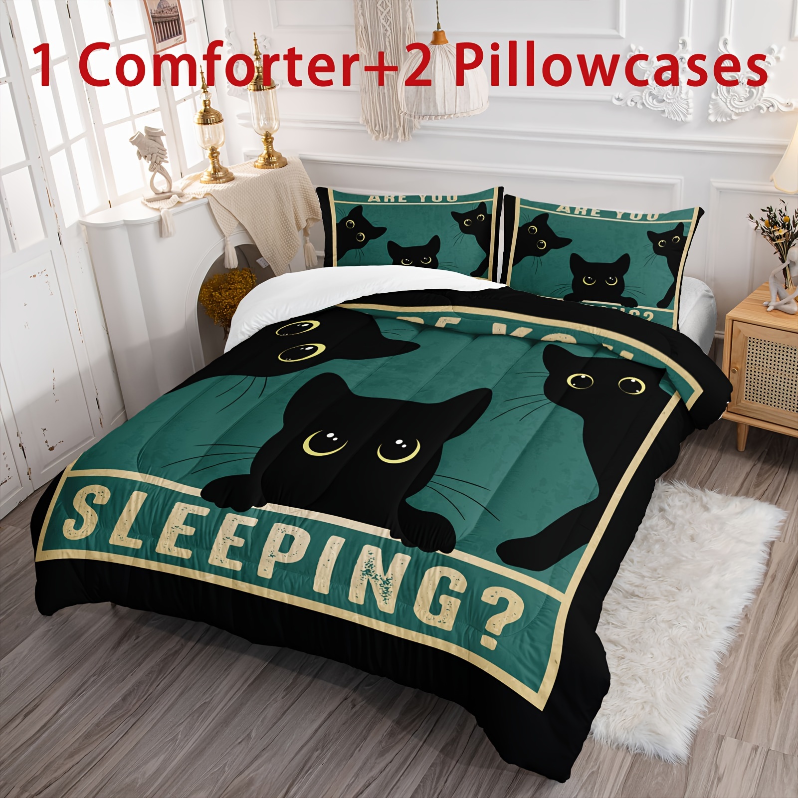 

3pcs Cute Cat Comforter Set, Cartoon Cat Bedding Set, Green Black Cat Quilt Set With 1 Comforter 2 Pillowcases For Women Cat Lover, Funny Bedroom Decor, Soft Breathable, 100% Polyester