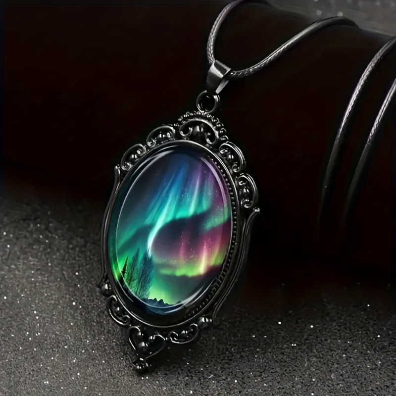 

Elegant Aurora Scenery Glass Pendant Necklace With Black Frame - Bohemian Style, Blue Synthetic Stone, Non-magnetic, - Perfect Romantic Gift For Men, Bohemia Style